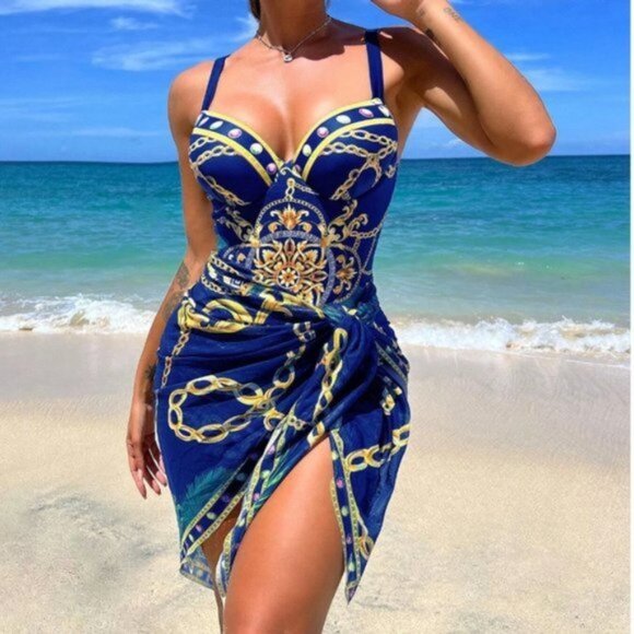 Blue Chain Print Push Up One Piece Swimsuit With Beach Skirt - Picture 1 of 7
